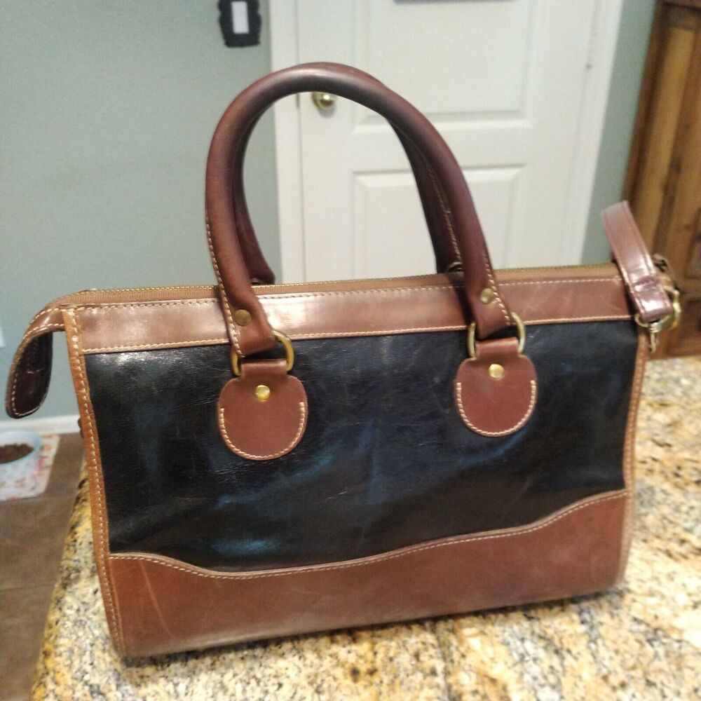 Brahmin Vintage Satchel Black Brown Leather Handbag Purse Bag Crossbody Bag